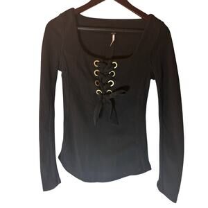 Free People Black Lace-Up Front Long Sleeve Ribbed Top Women’s Small